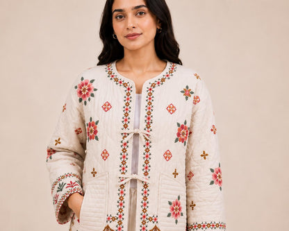 Handmade Quilted Cotton Jacket, Floral Embroidered Artisan Coat, Boho Indian Jacket