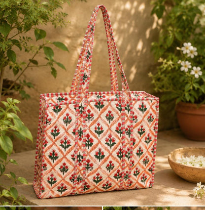 Handmade Quilted Tote Bag, Red Indian Block Print Cotton Shopper,Boho Artisan Everyday Bag