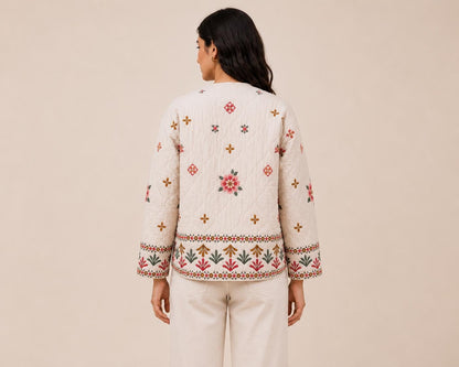 Handmade Quilted Cotton Jacket, Floral Embroidered Artisan Coat, Boho Indian Jacket