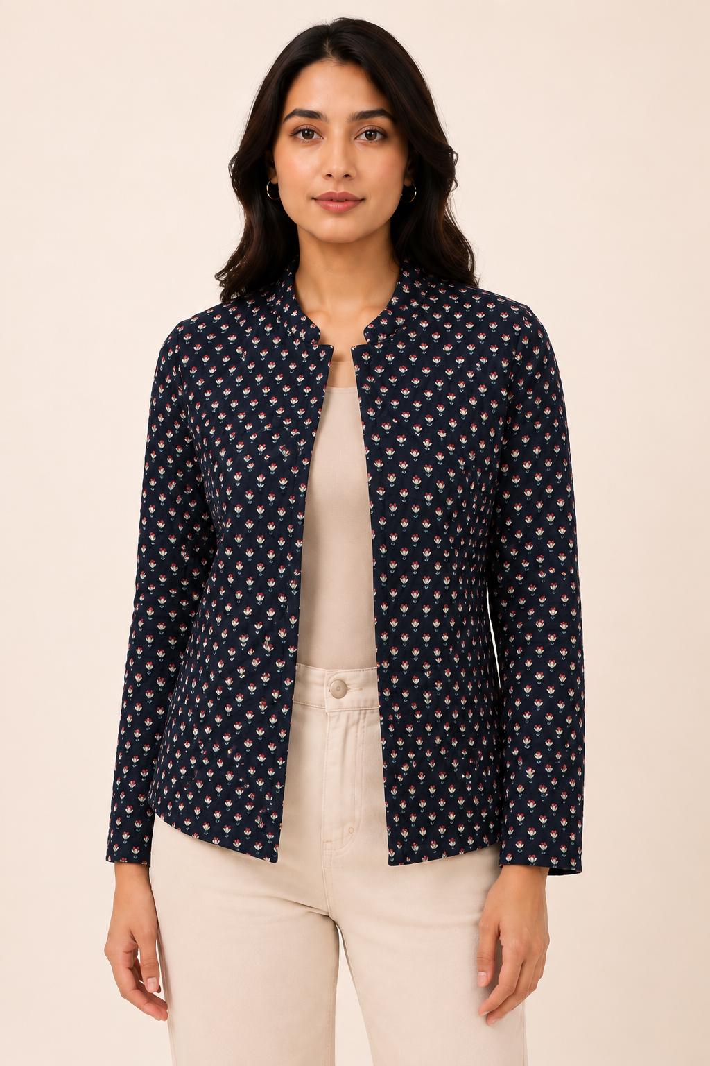 Handmade Quilted Cotton Jacket ,Navy Blue Block Print, Lightweight Boho Layering Jacket