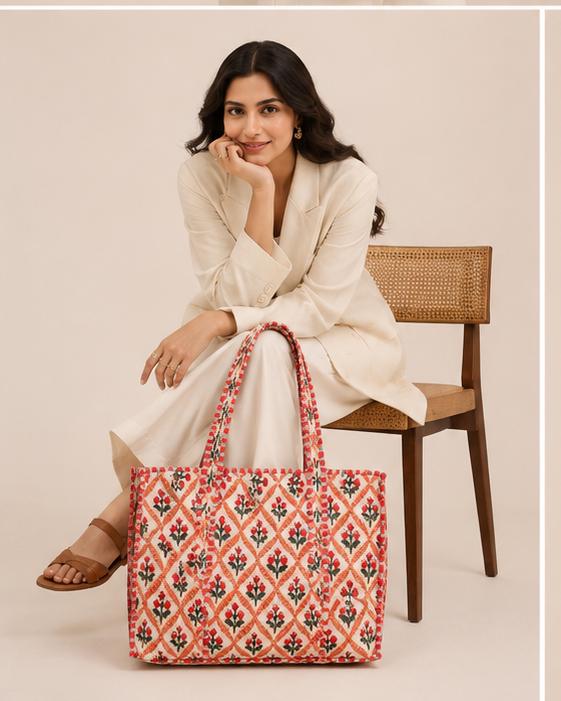 Handmade Quilted Tote Bag, Red Indian Block Print Cotton Shopper,Boho Artisan Everyday Bag