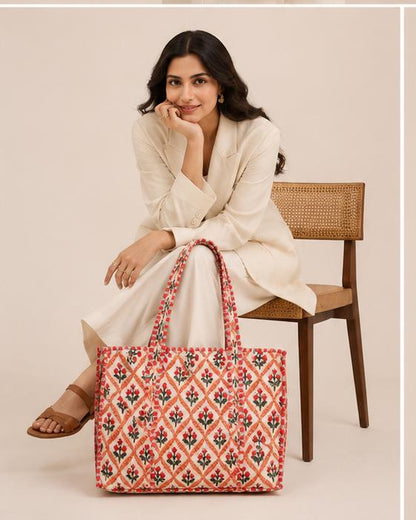 Handmade Quilted Tote Bag, Red Indian Block Print Cotton Shopper,Boho Artisan Everyday Bag