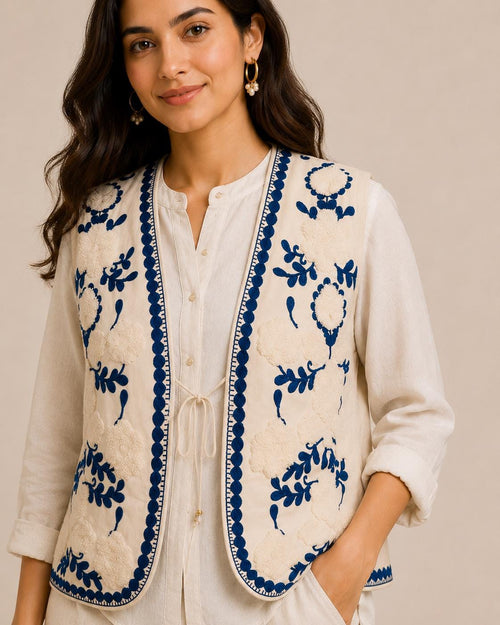 Handmade Embroidered Cotton Vest, Blue & White Artisan Layering Jacket, Boho Indian print Vest
