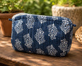 Handmade Quilted Makeup Bag, Blue Block Print Cotton Pouch,Artisan Toiletry & Cosmetic Bag