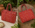 Handmade Quilted Tote Bag, Red Indian Block Print Cotton Shopper,Boho Artisan Everyday Bag