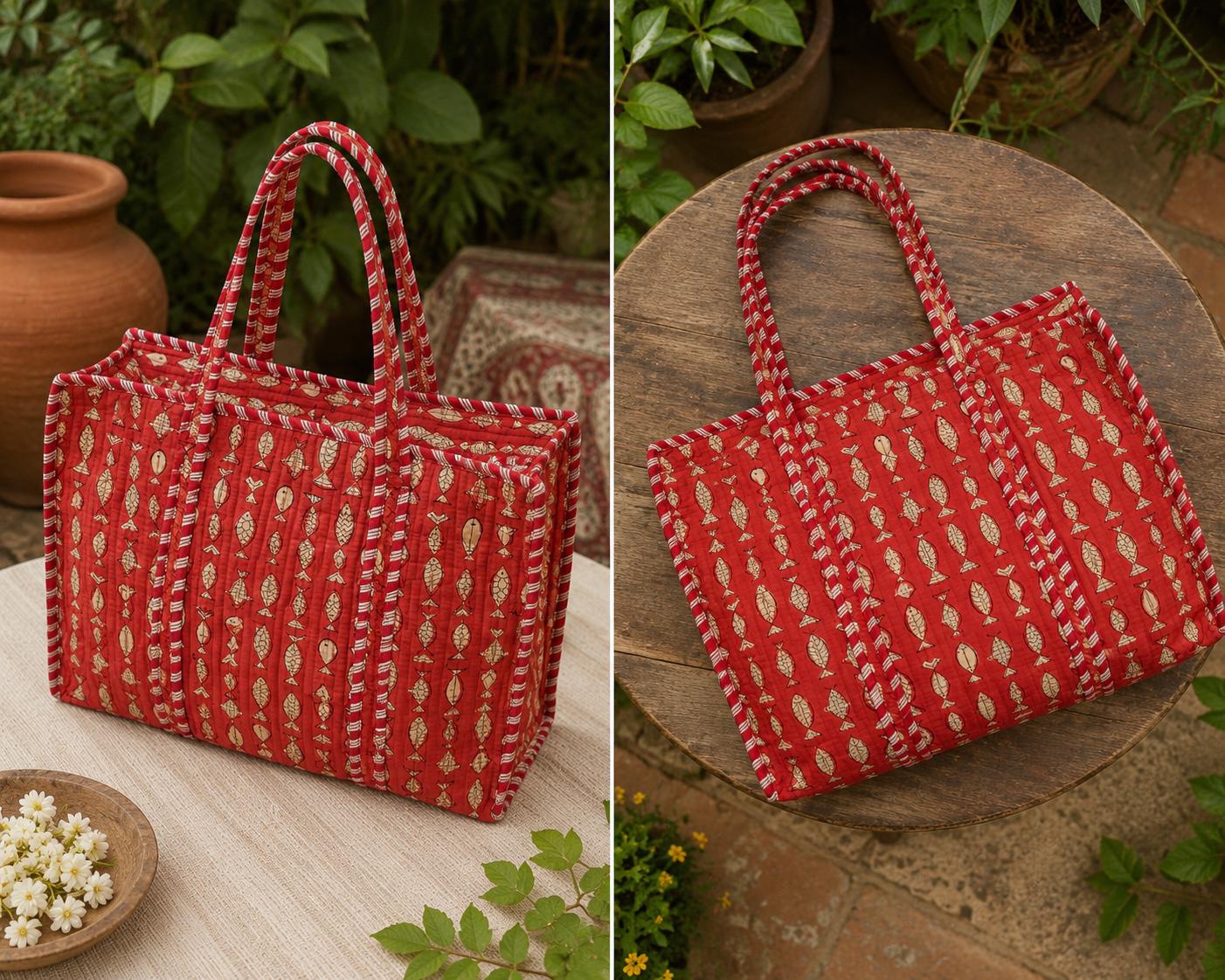 Handmade Quilted Tote Bag, Red Indian Block Print Cotton Shopper,Boho Artisan Everyday Bag