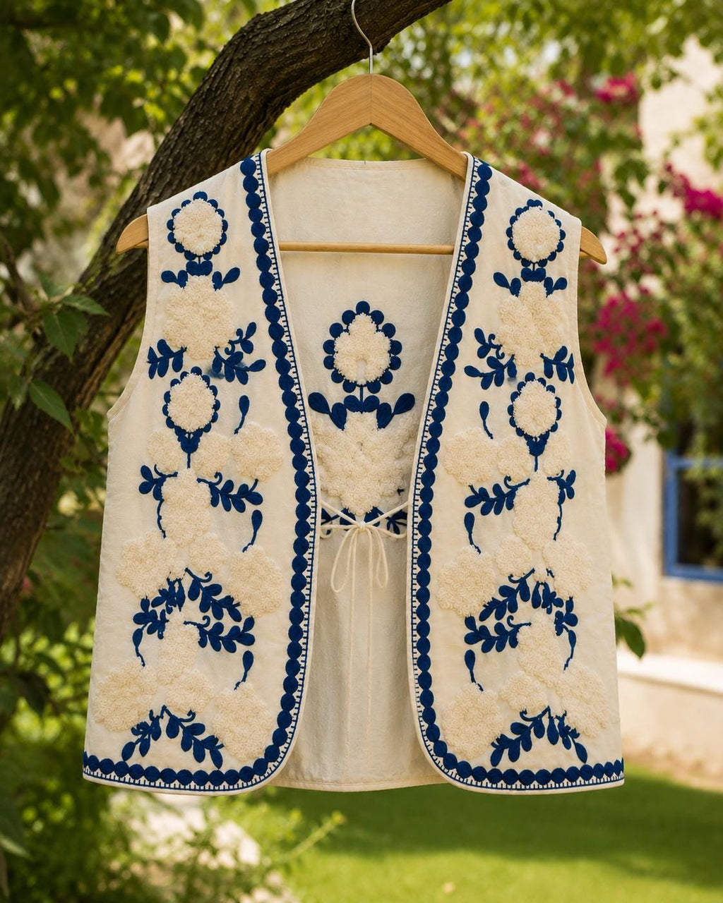Handmade Embroidered Cotton Vest, Blue & White Artisan Layering Jacket, Boho Indian print Vest