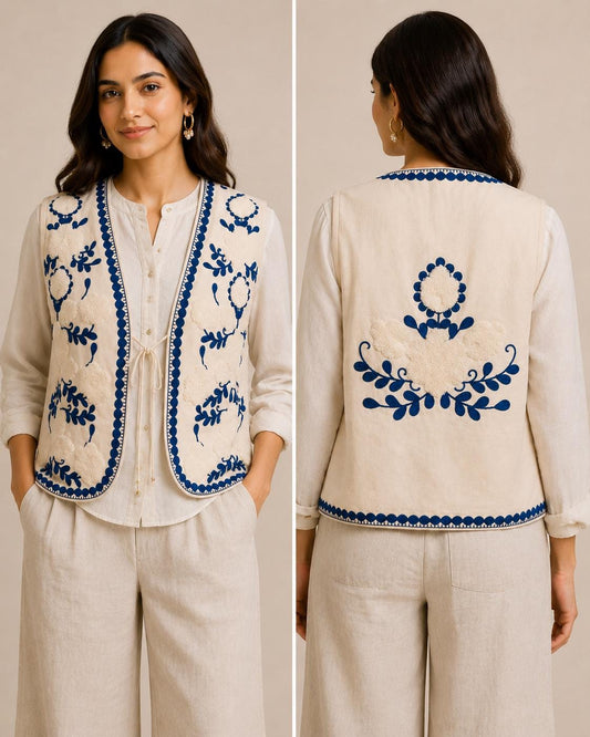 Handmade Embroidered Cotton Vest, Blue & White Artisan Layering Jacket, Boho Indian print Vest