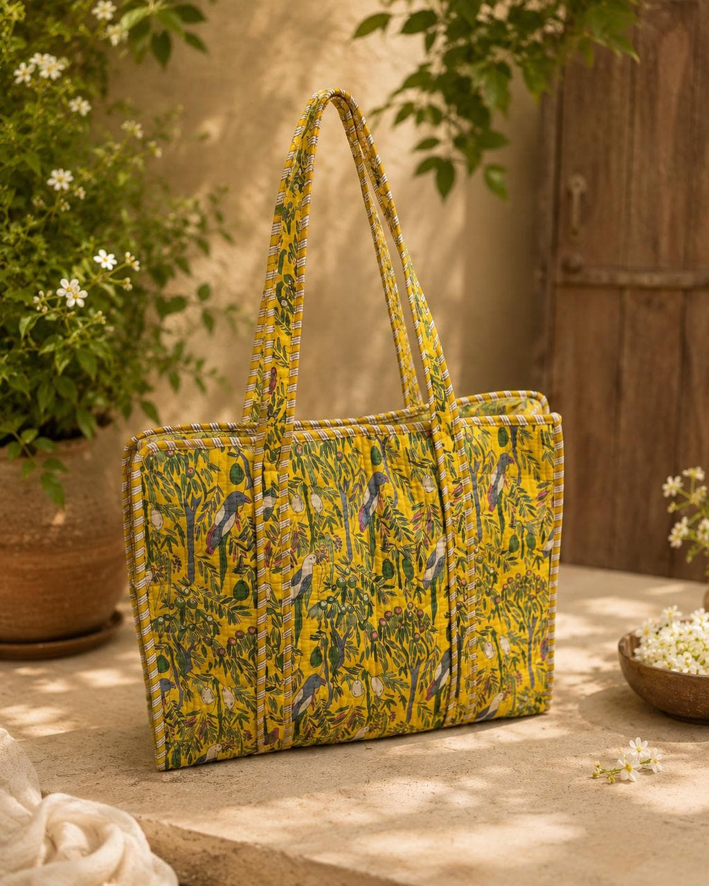 Handmade Quilted Tote Bag, Indian Block Print Cotton Shopper, Mustard Yellow Boho Everyday Bag