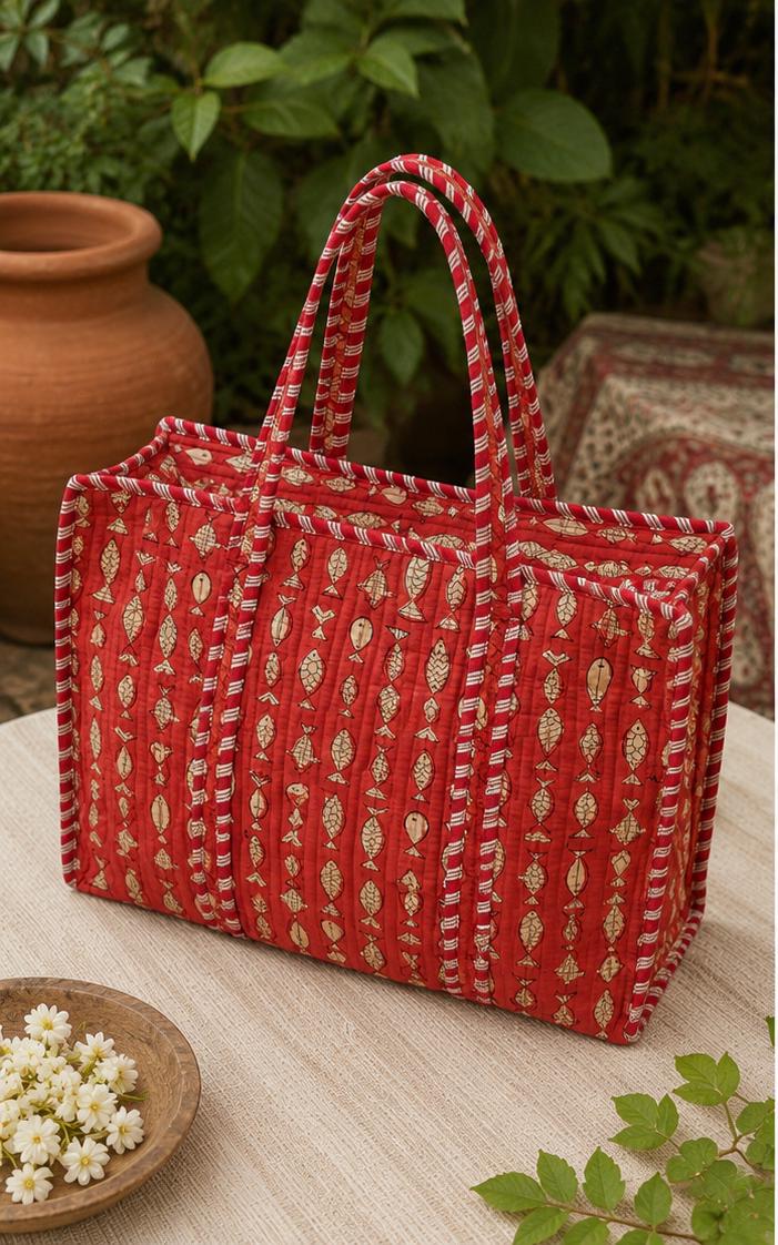 Handmade Quilted Tote Bag, Red Indian Block Print Cotton Shopper,Boho Artisan Everyday Bag