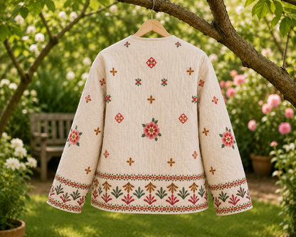 Handmade Quilted Cotton Jacket, Floral Embroidered Artisan Coat, Boho Indian Jacket