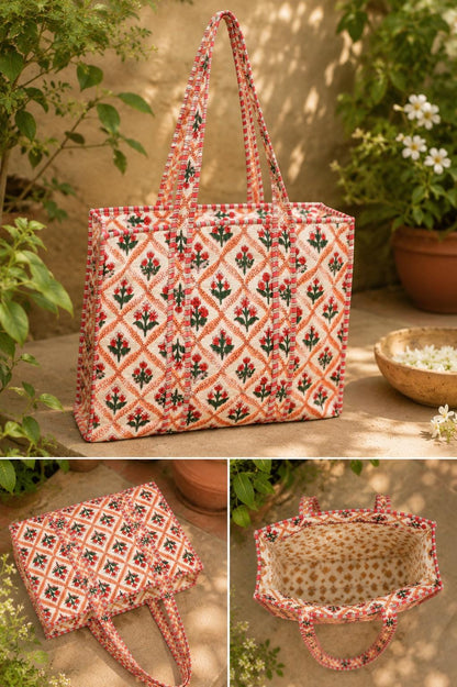 Handmade Quilted Tote Bag, Red Indian Block Print Cotton Shopper,Boho Artisan Everyday Bag