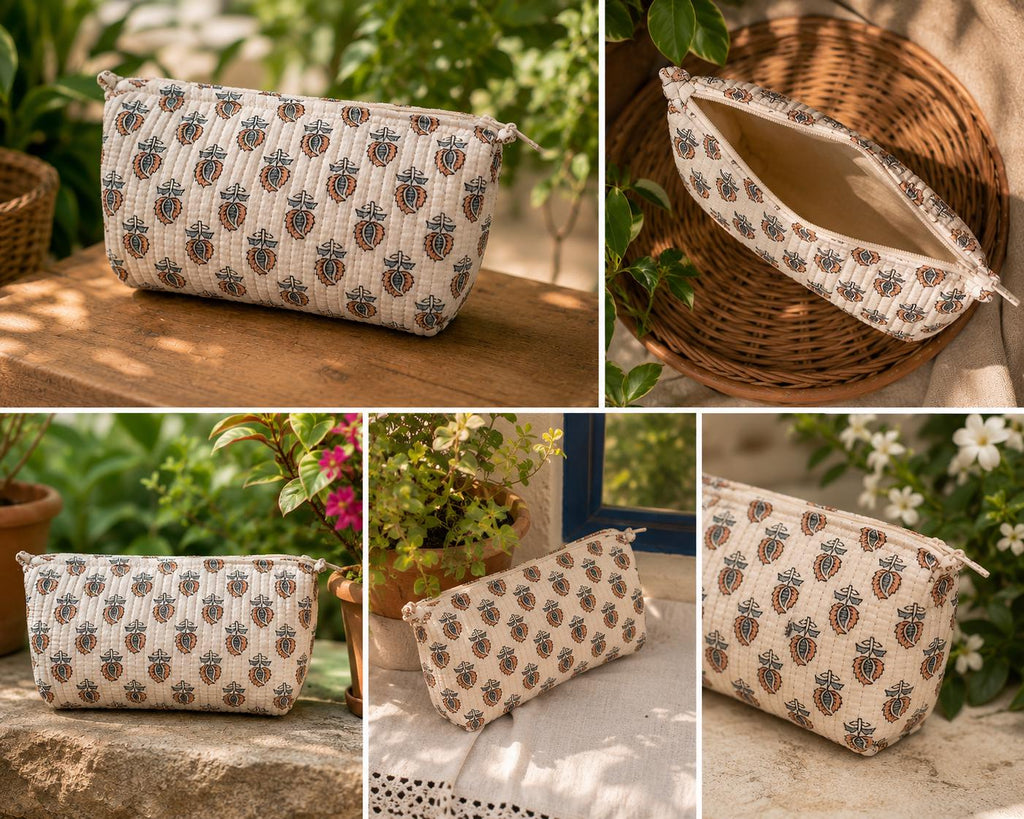 Handmade Quilted Makeup Bag,Neutral Block Print Cotton Cosmetic Pouch,Artisan Toiletry Bag