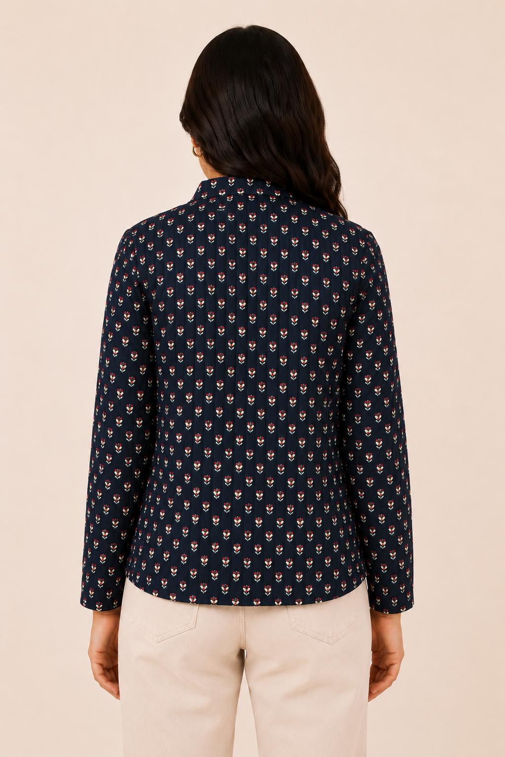 Handmade Quilted Cotton Jacket ,Navy Blue Block Print, Lightweight Boho Layering Jacket