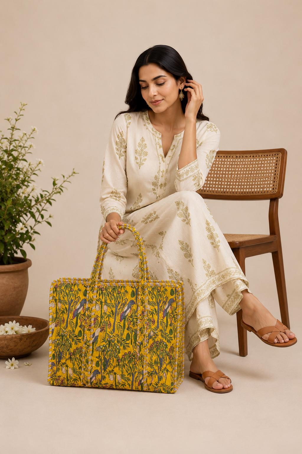 Handmade Quilted Tote Bag, Indian Block Print Cotton Shopper, Mustard Yellow Boho Everyday Bag