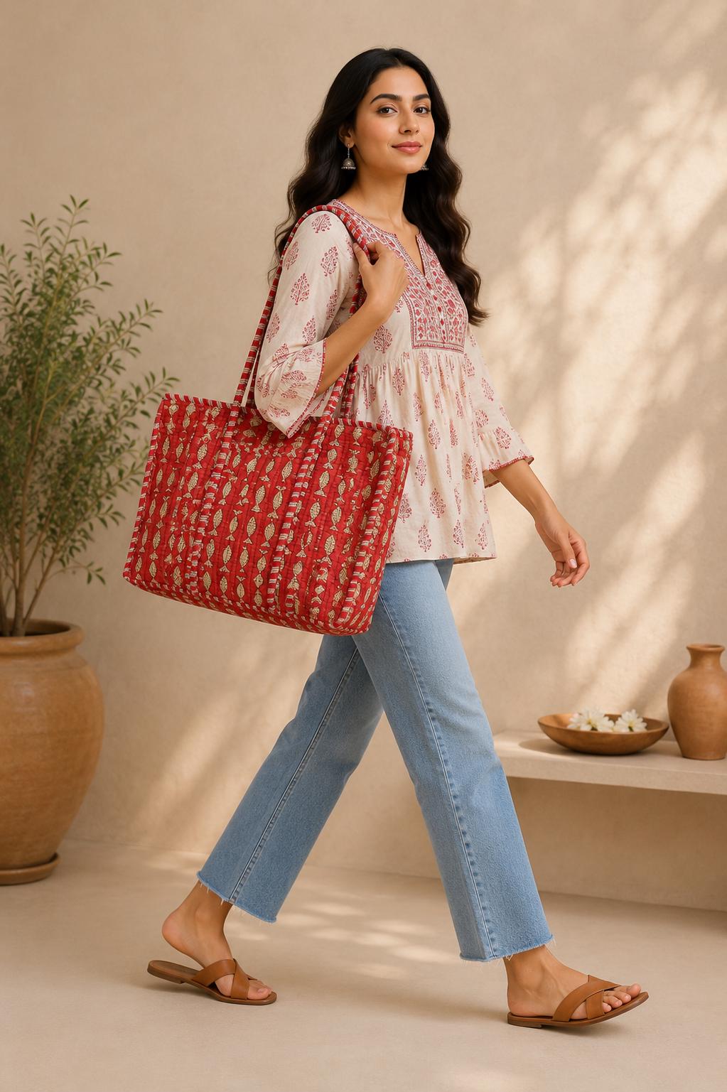 Handmade Quilted Tote Bag, Red Indian Block Print Cotton Shopper,Boho Artisan Everyday Bag