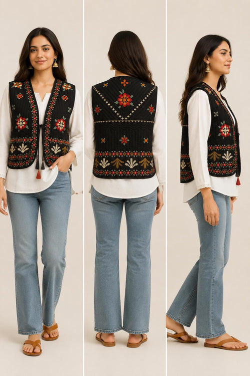 Handmade Quilted Embroidered Vest, Indian Artisan Jacket, Boho Ethnic Cotton Layering Vest