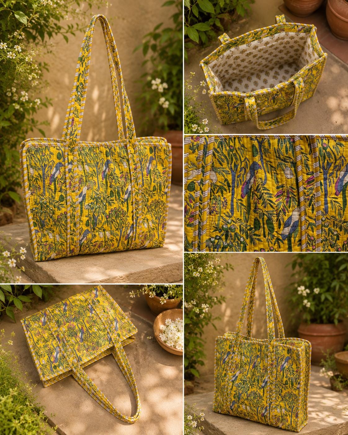 Handmade Quilted Tote Bag, Indian Block Print Cotton Shopper, Mustard Yellow Boho Everyday Bag