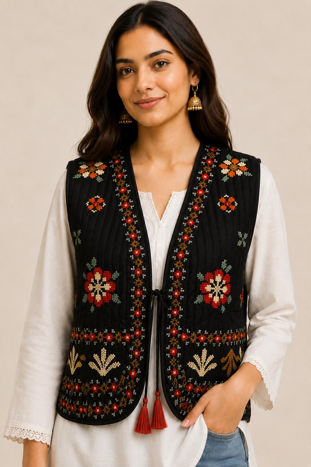 Handmade Quilted Embroidered Vest, Indian Artisan Jacket, Boho Ethnic Cotton Layering Vest