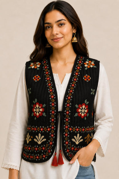 Handmade Quilted Embroidered Vest, Indian Artisan Jacket, Boho Ethnic Cotton Layering Vest